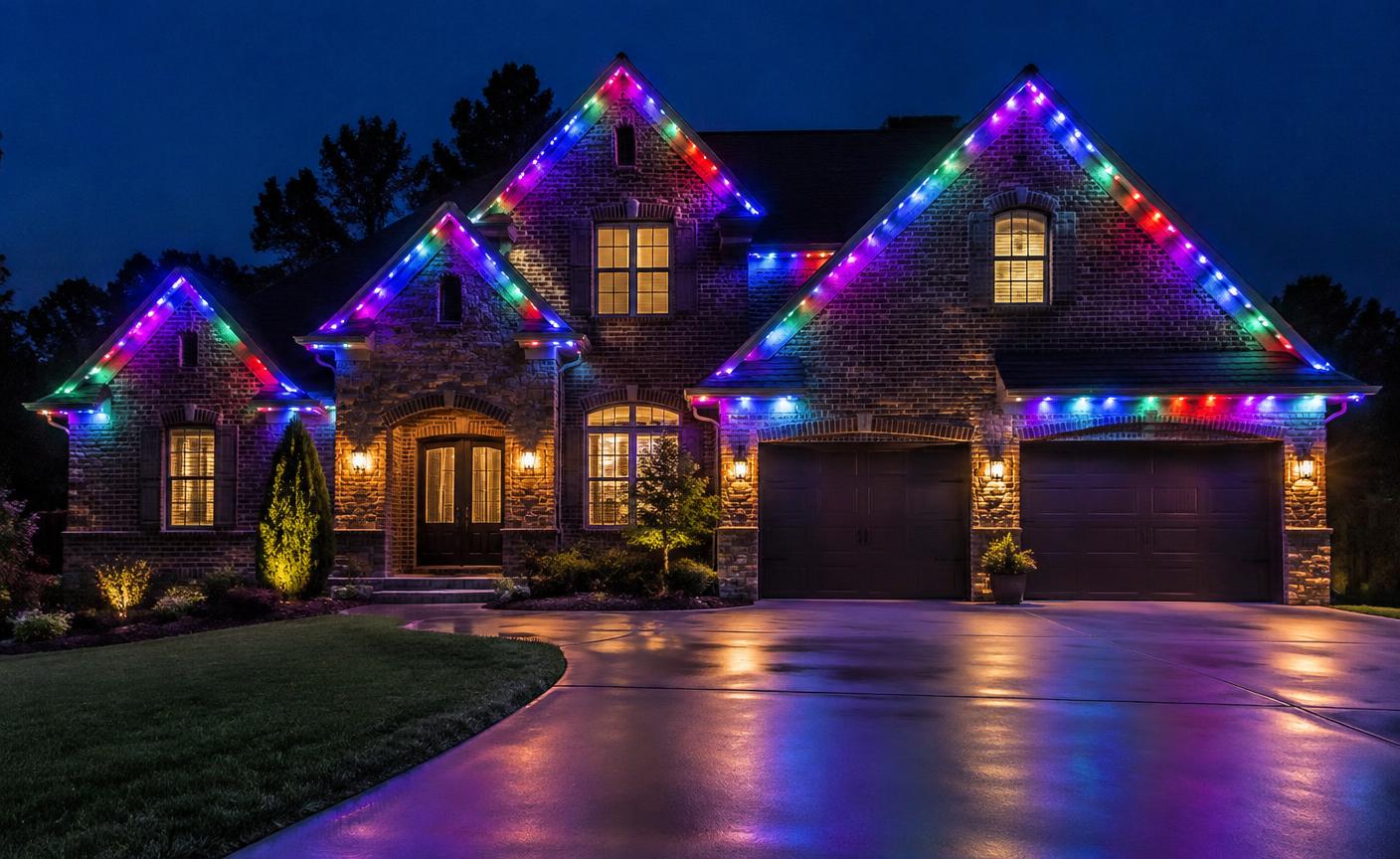 Home roofline with permanent LED lighting running a vibrant animated multicolor pattern