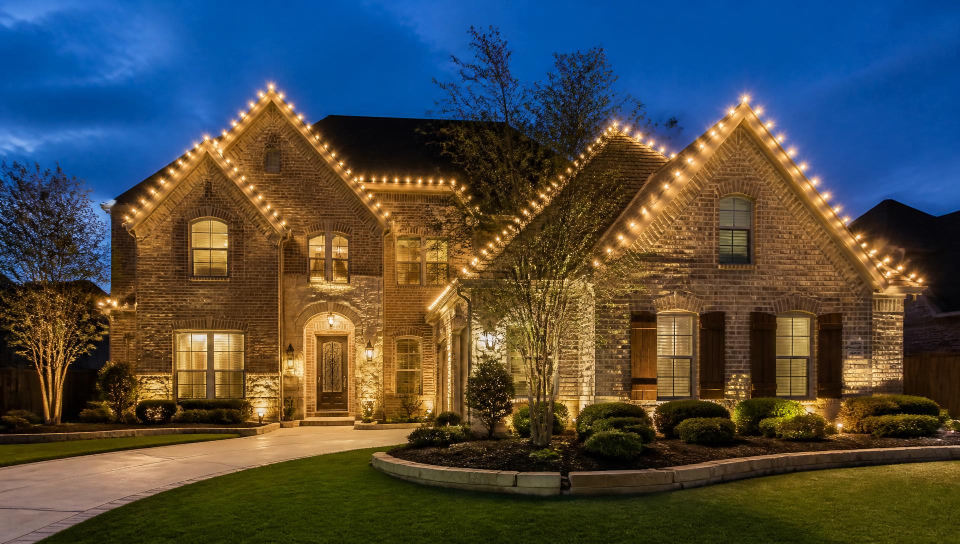 Home outlined in warm white C9 Christmas lights at twilight